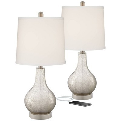 360 Lighting Ledger Modern Accent Table Lamps 21 3/4" High Set of 2 Mercury Glass with USB Charging Port Off-White Drum Shade for Family Office Desk | Target