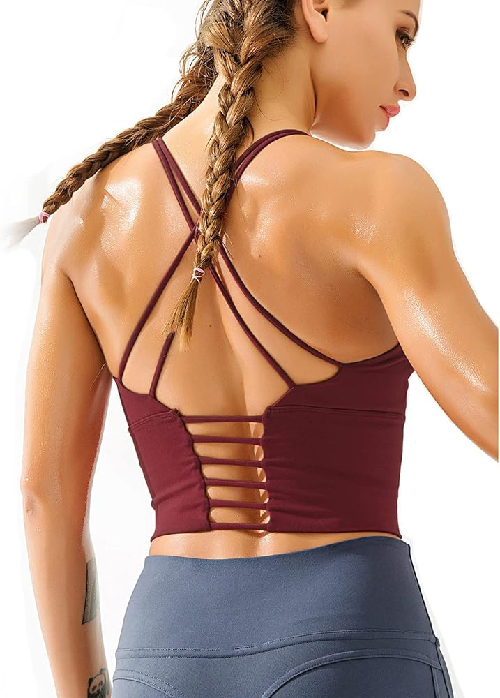 Redqenting Longline Sports Bra for Women with Removable Padded,Sexy Criss Cross Back Strappy Yoga Br | Amazon (US)