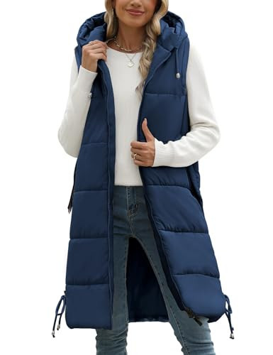 Wiepux Puffy Vest Women Long Water Resistant Hooded Quilted Puffer Quilted Vests Chaquetas sin Mangas,Navy,XXL | Amazon (US)