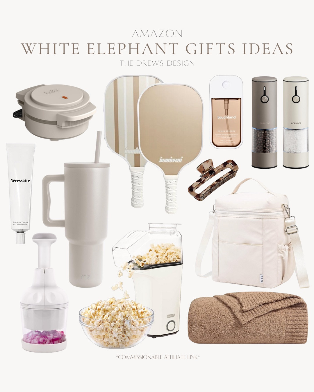 White elephant gifts include waffle maker, pickleball paddles, hand sanitizer, electric salt and pepper grinders, hair claw, lunch box, throw blanket, popcorn maker, tumbler, vegetable chopper, and hand lotion.

Gift guide, white elephant gifts include waffle, gift exchange, last minute gifts

#LTKFindsUnder50 #LTKHoliday #LTKGiftGuide