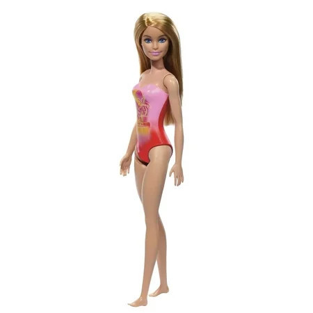 Beach Barbie Doll with Blond Hair Wearing Pink Palm Tree-Print One-Piece Swimsuit | Walmart (US)