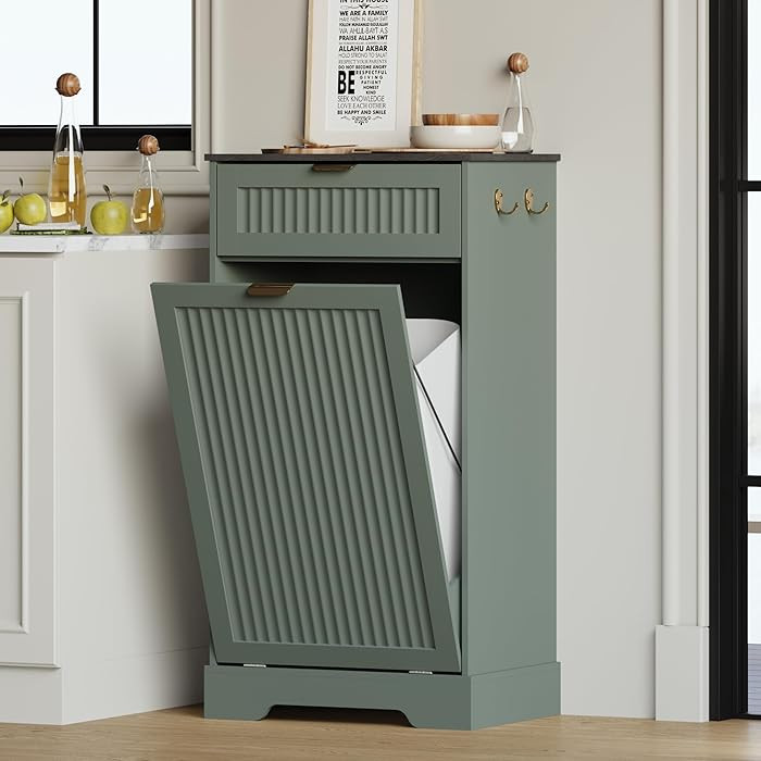 13 Gallons Tilt Out Trash Can Cabinet, Wooden Fluted Trash Garbage Can Cabinet with Drawers, Hidd... | Amazon (US)