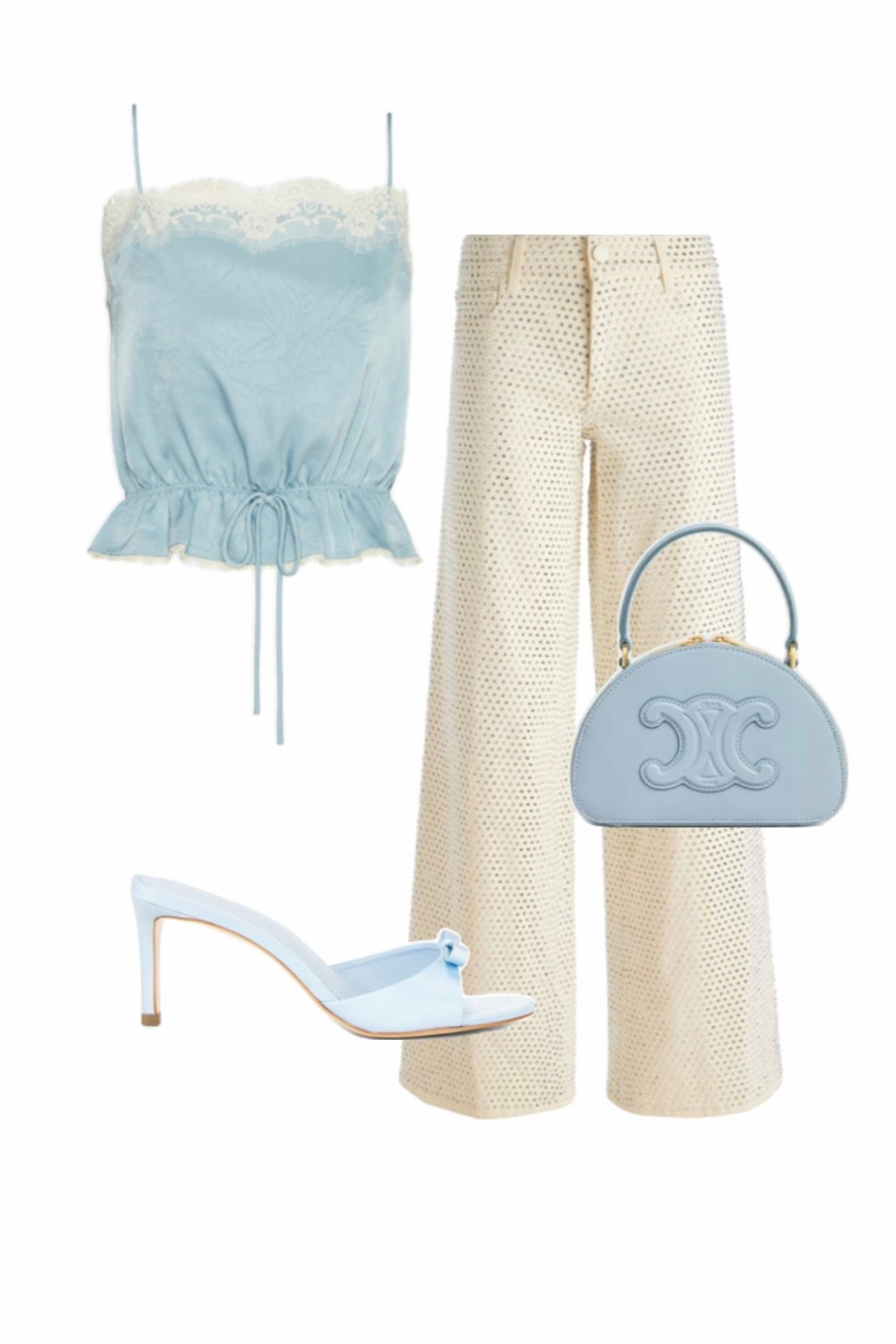 Going out outfit, date night look, cream rhinestone jeans, ice blue top and heels, chic style 

#LTKFindsUnder100