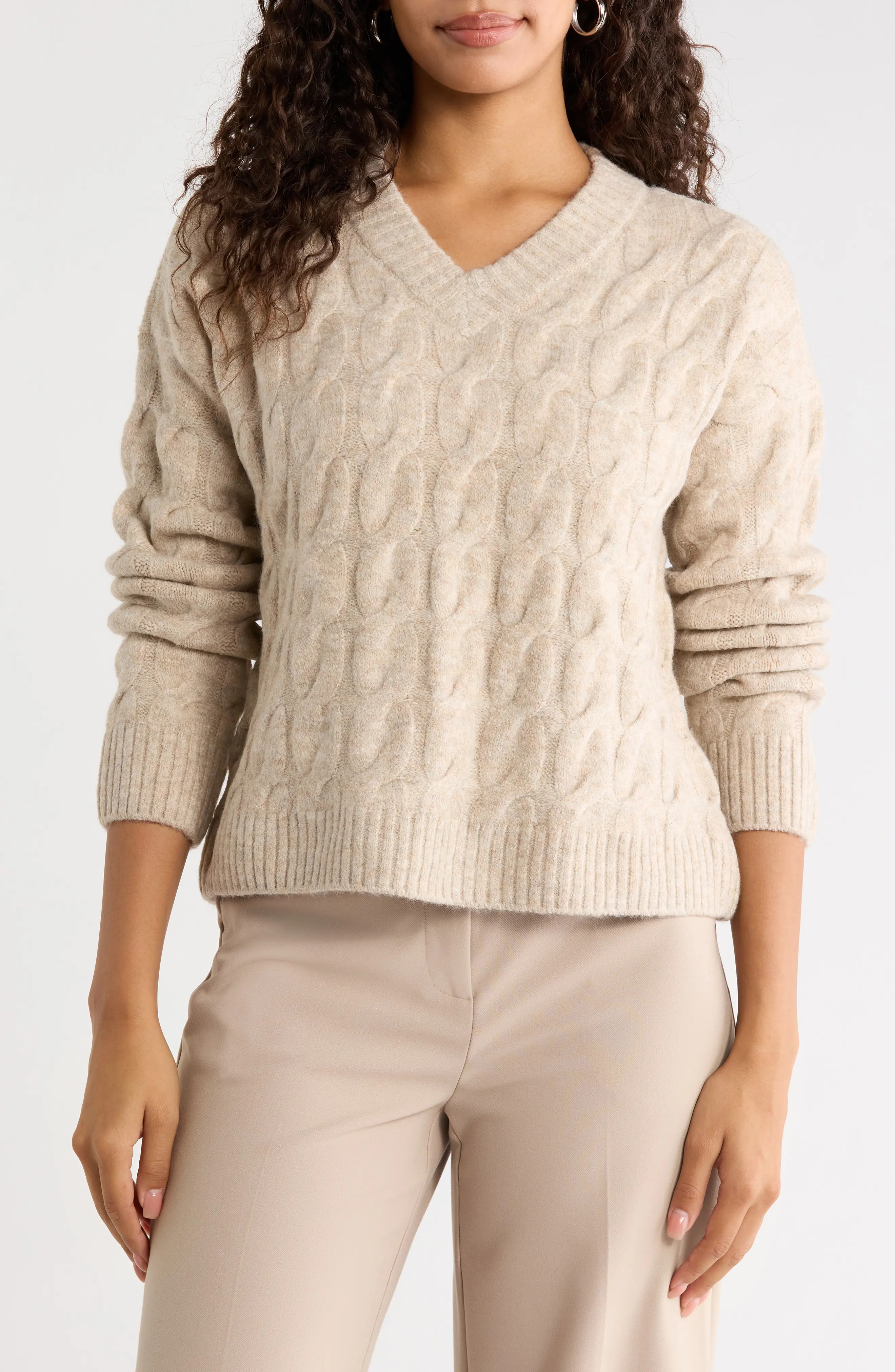halogen(r) Cable Knit V-Neck Sweater in Oatmeal at Nordstrom, Size Large | Nordstrom