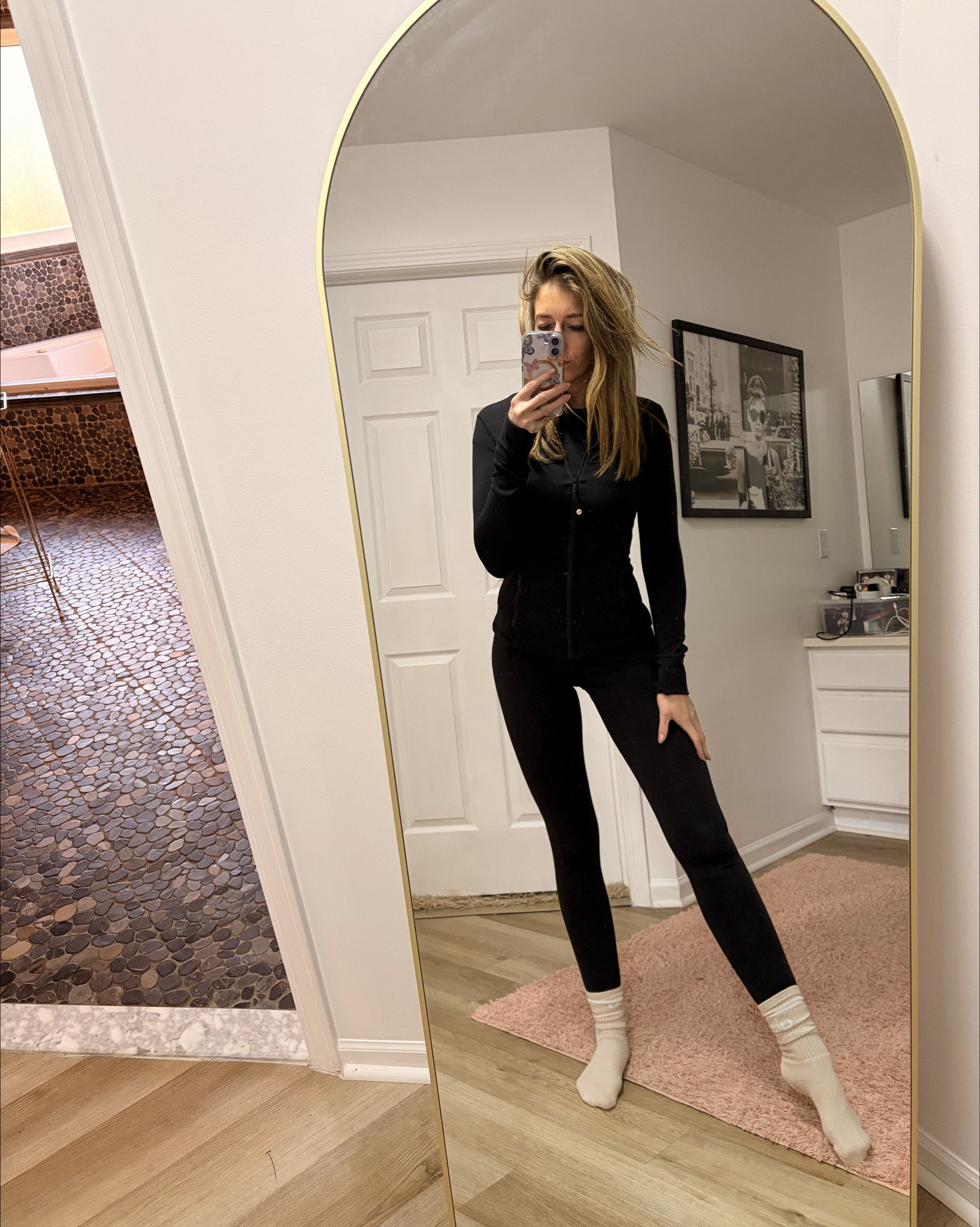 Gym set. Errand set. Black leggings, most comfortable socks tee shirt and black zip up. 