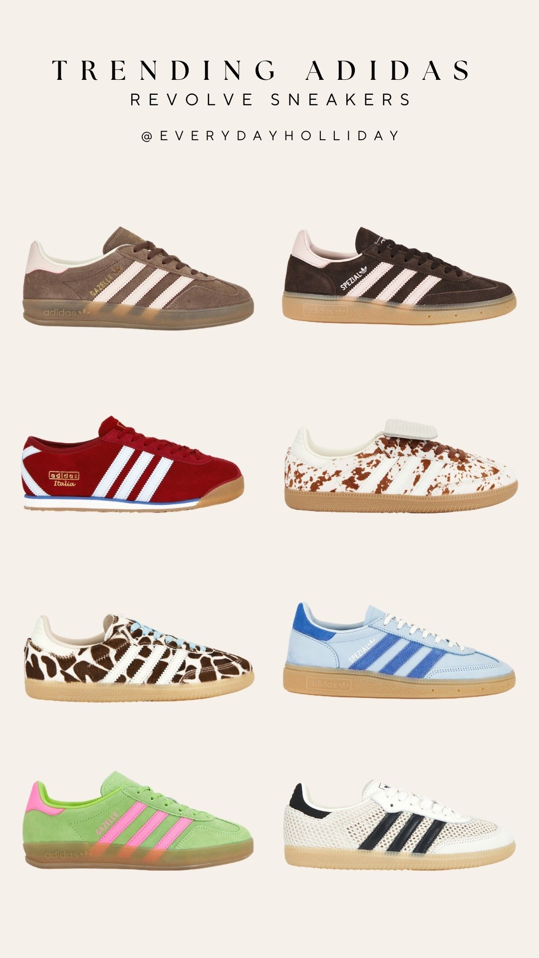 The Adidas sneaker era is NOT slowing down 👟 Rounded up the most coveted styles and colorways available right now on Revolve — cow print, chocolate brown, blue Spezial, red suede, all of it. These sell out fast so if you’ve been eyeing a pair, now’s the time. Which colorway is your favorite?​​​​​​​​​​​​​​​​

#LTKgrwm #LTKBeauty #LTKootd