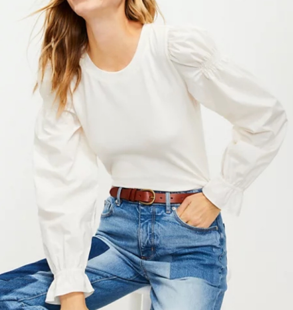 Ruffle Cuff Mixed Media Blouse Whisper Whit