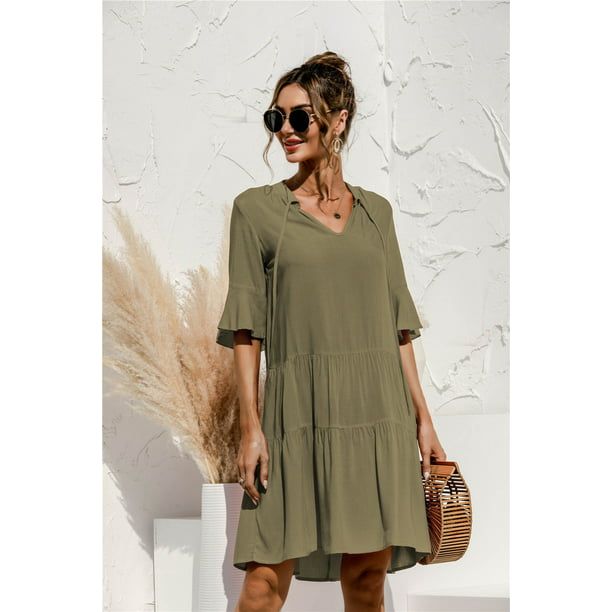 Women Dresses Summer Dress V-Neck Short Sleeve T-Shirt Dress Babydoll Ruffles Casual Mini Female ... | Walmart (US)