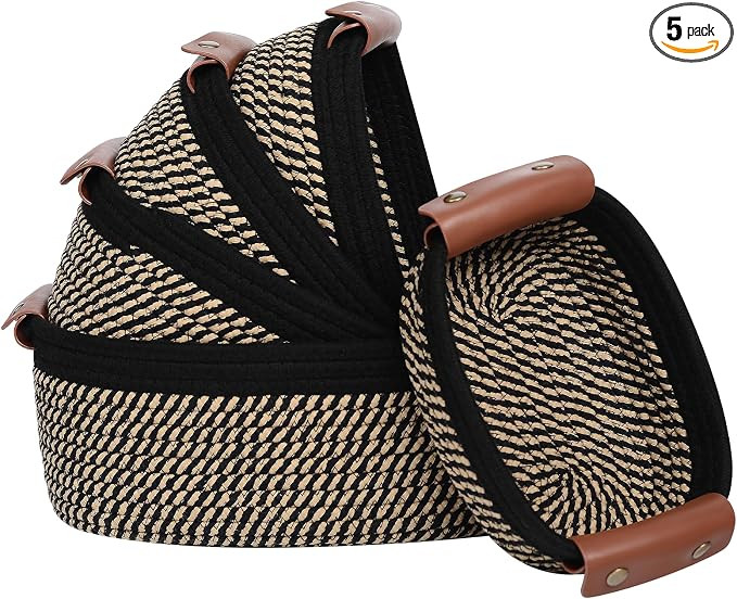 5 Piece Storage Baskets Small Woven Basket with Detachable Leather Handle, Cotton Rope Shelf Bask... | Amazon (US)