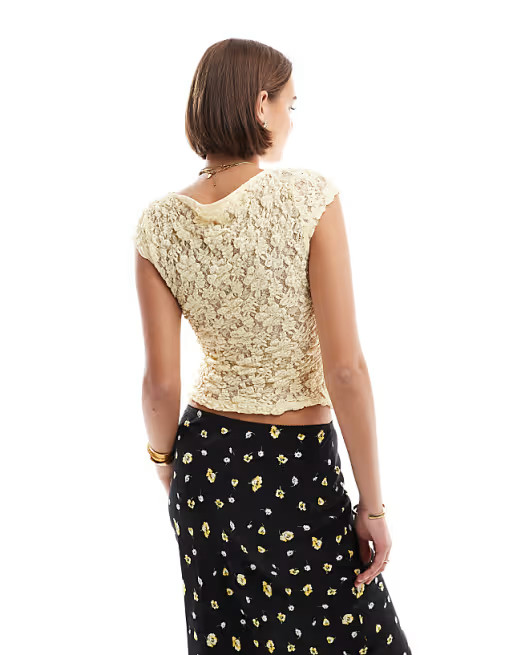 ASOS DESIGN sheer lace slash neck baby tee in lemon | ASOS | ASOS (Global)