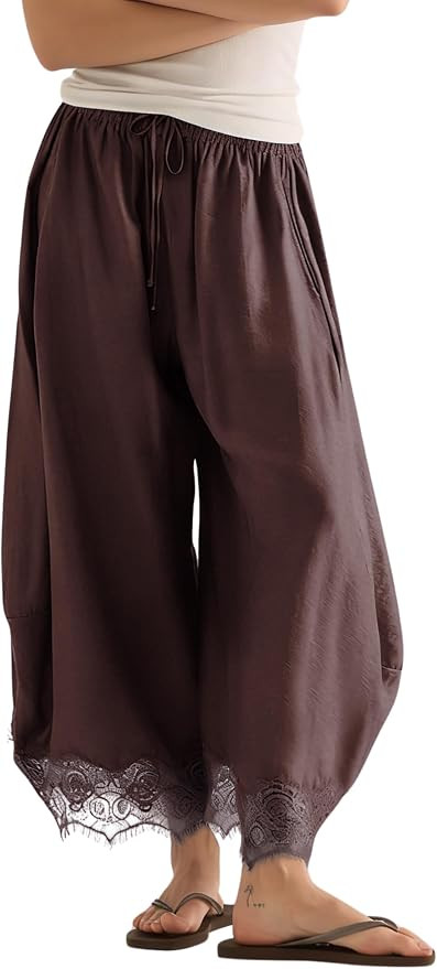 PUWEI Women's Cropped Lace-Hem Pants High Waisted Drawstring Wide Leg Pants Casual Lightweight Tr... | Amazon (US)
