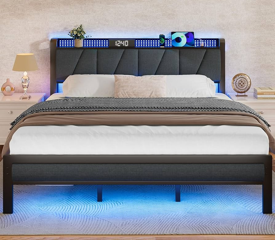 Furnulem King Bed Frame with Headboard and LED Light, Upholstered Platform with Power Outlet and ... | Amazon (US)