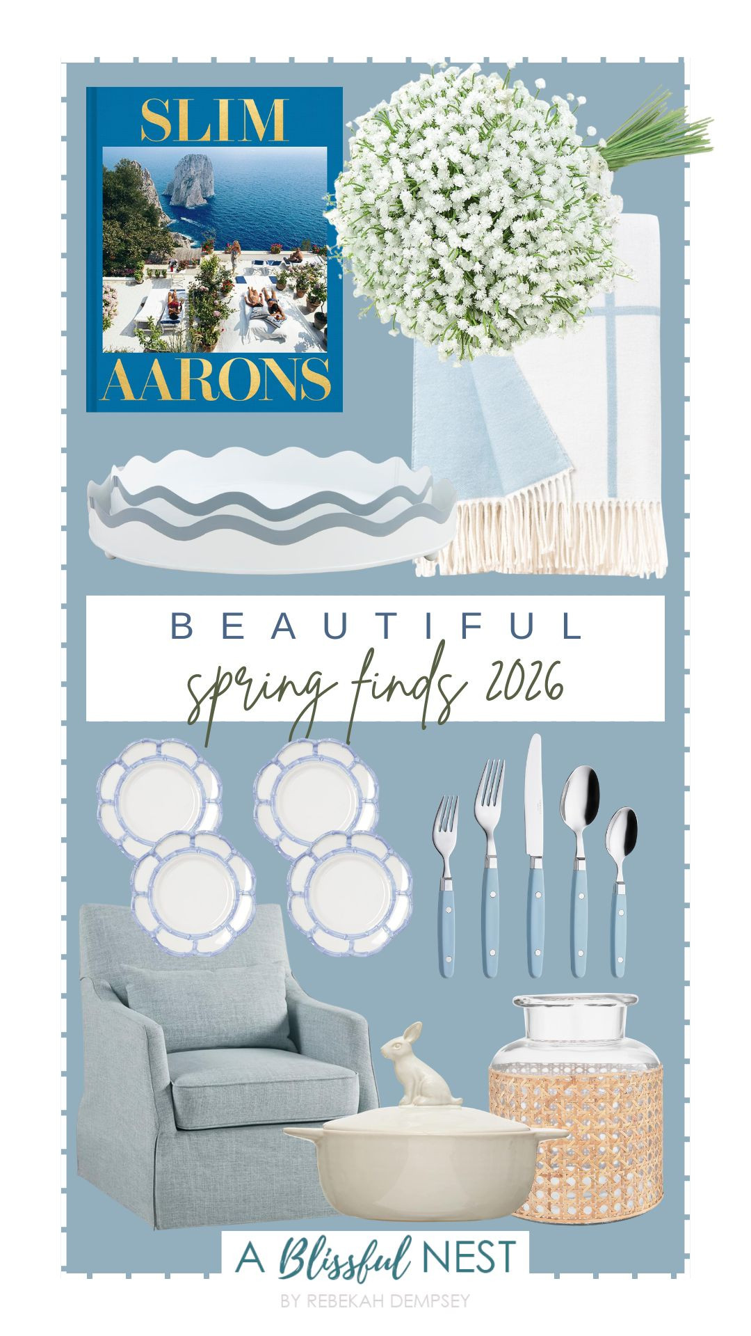 Mud Pie scalloped metal tray, french blue bamboo salad plates, glass vase with decorative cane sleeve, coastal decorative throw blanket, blue swivel chair, stoneware bake pan with lid, babys breath artificial flowers, stainless steel silverware, decorative book. 

 #LTKSeasonal #LTKHome