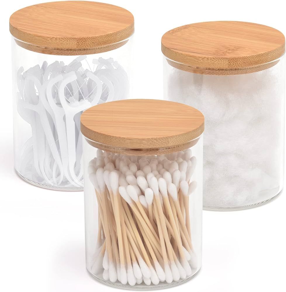 BKYFPQ 3 Pack Glass Qtip Holder Dispenser Bathroom Jars with Bamboo Lids, Cotton Ball Pad Round S... | Amazon (US)