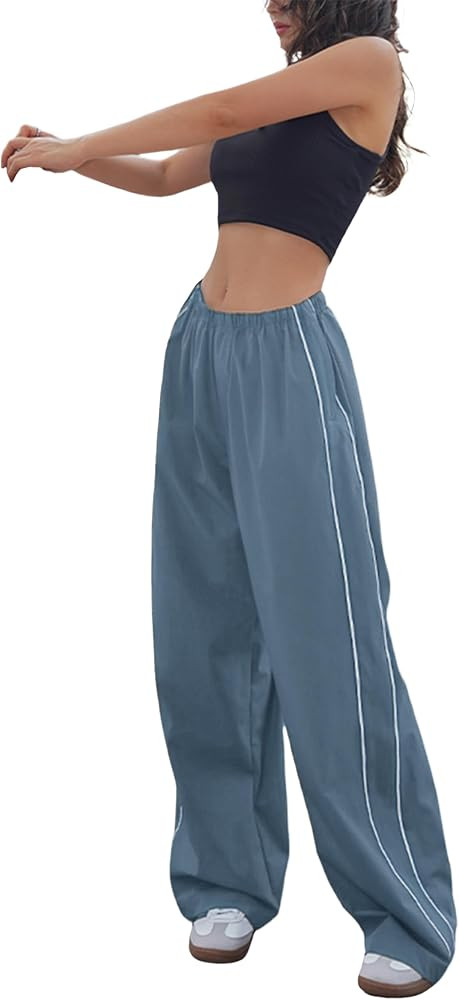 Springrain Womens Wide Leg Track Pants Slouchy Stripe Detail Jogger Sweatpants with Pockets | Amazon (US)