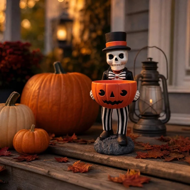 Outdoor Halloween Decor Skeleton Candy Bowl Statue, Resin Pumpkin Dish 11 Inch Top Hat Bow Tie fo... | Walmart (US)
