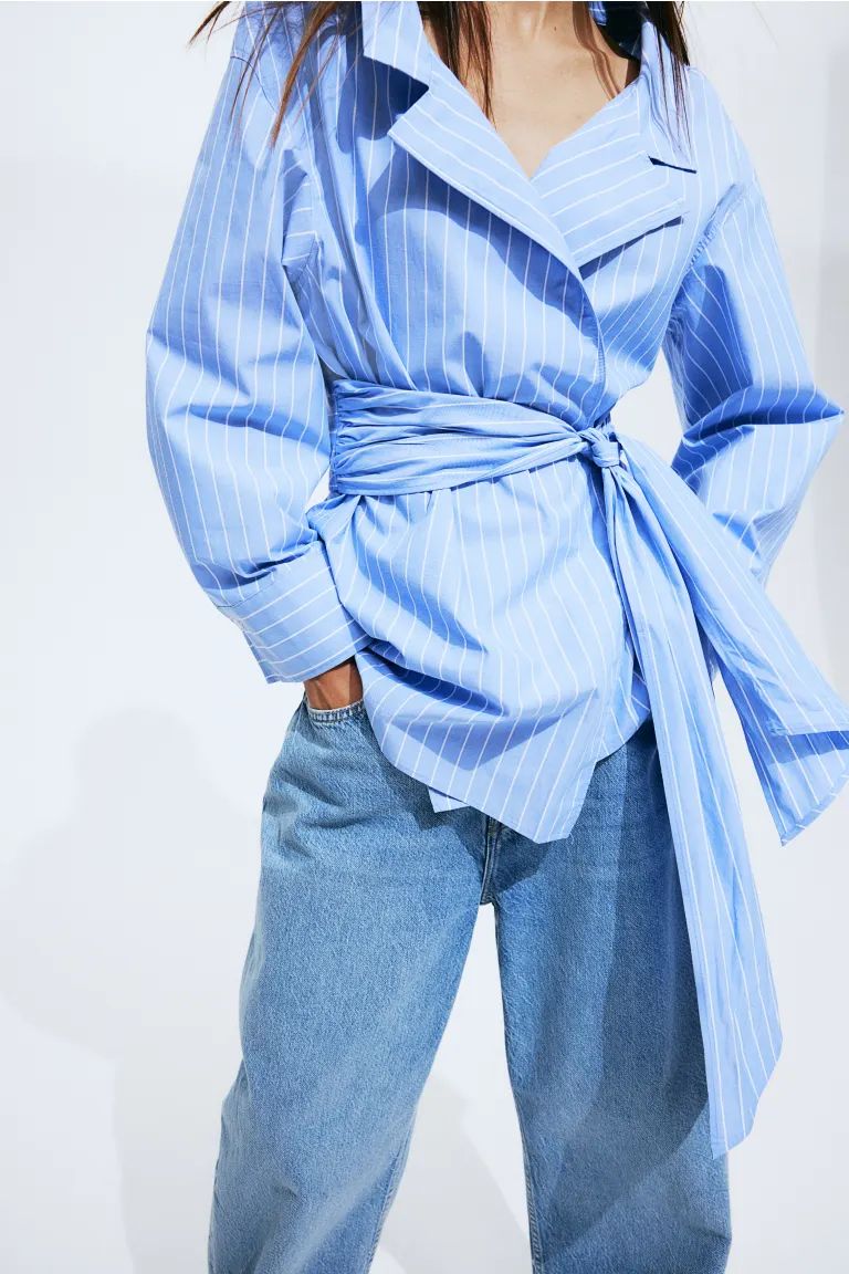 Poplin Wrap Blouse - Blue/striped - Ladies | H&M US | H&M (US + CA)