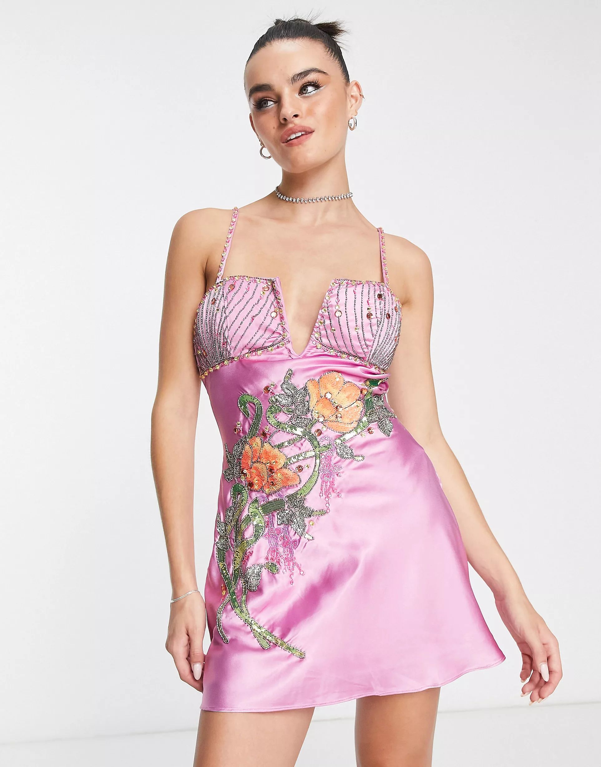 ASOS DESIGN bias cut mini satin dress with floral embellishment | ASOS (Global)