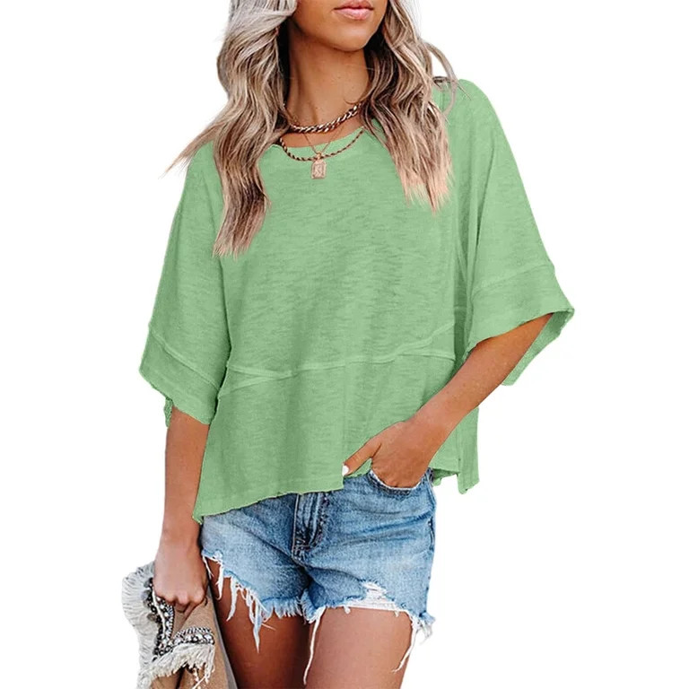 Summer Oversize Women Solid Color Half Sleeve Loose Shirt Tee Casual Tops | Walmart (US)