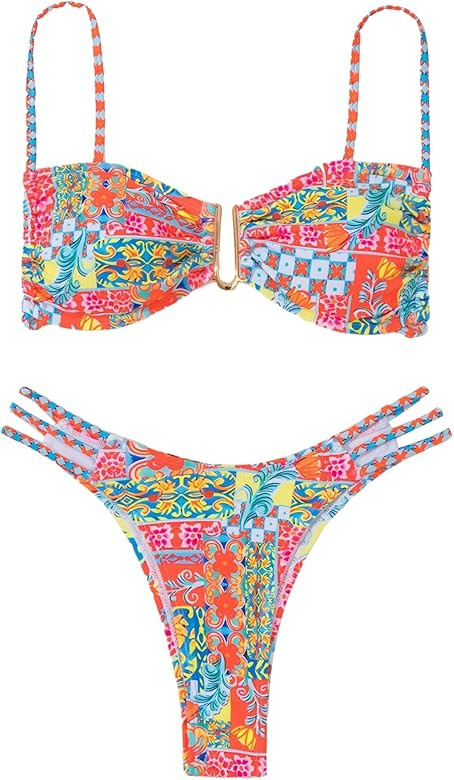 MakeMeChic Women's Bikini Sets Floral Print Cut Out Spaghetti Strap Swimsuit Bathing Suit | Amazon (US)