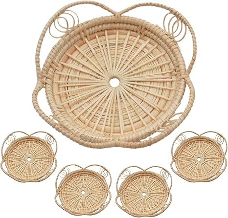 4Pcs Bamboo Coasters Rattan Decor, Handmade Wicker Plate Holders Outdoor Boho Coasters for Patio ... | Amazon (US)