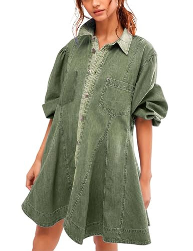 Gozoloma Women's Denim Dress Long Balloon Sleeves Button Down A Line Swing Ruffle Jean Mini Babydoll Dress with Chest Pocket(Green-Medium) | Amazon (US)