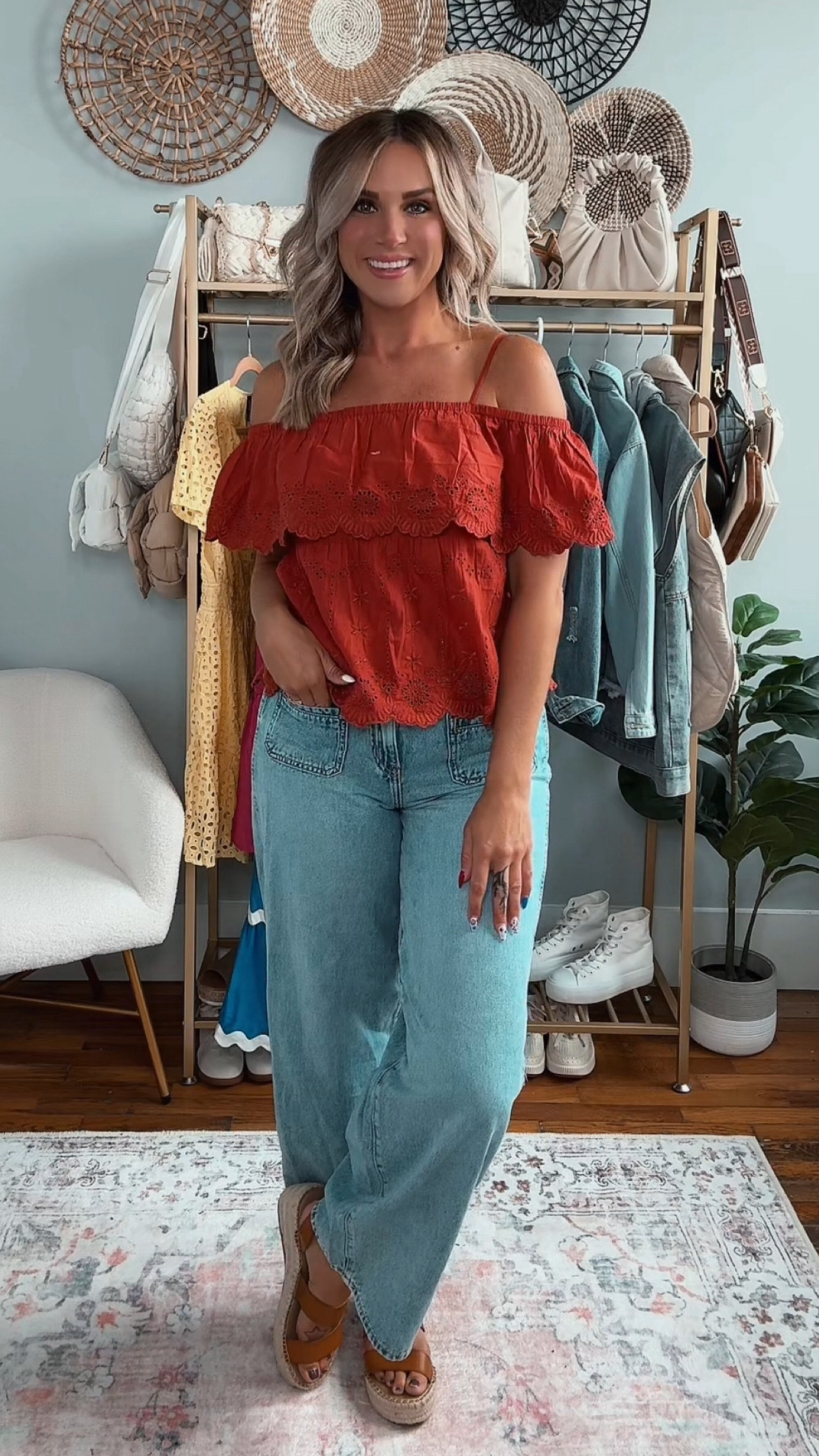 This Old Navy fall haul is filled with sooo many good pieces! I paired this burnt orange off the shoulder cut-work shirt with my new favorite high waisted baggy pants. Similar to my best sellers from this spring but half the price! This outfit would be great for back to school night, brunch or family photos. I’m in a medium and size 8 and they fit TTS

#LTKMidsize #LTKFindsUnder50 #LTKSeasonal