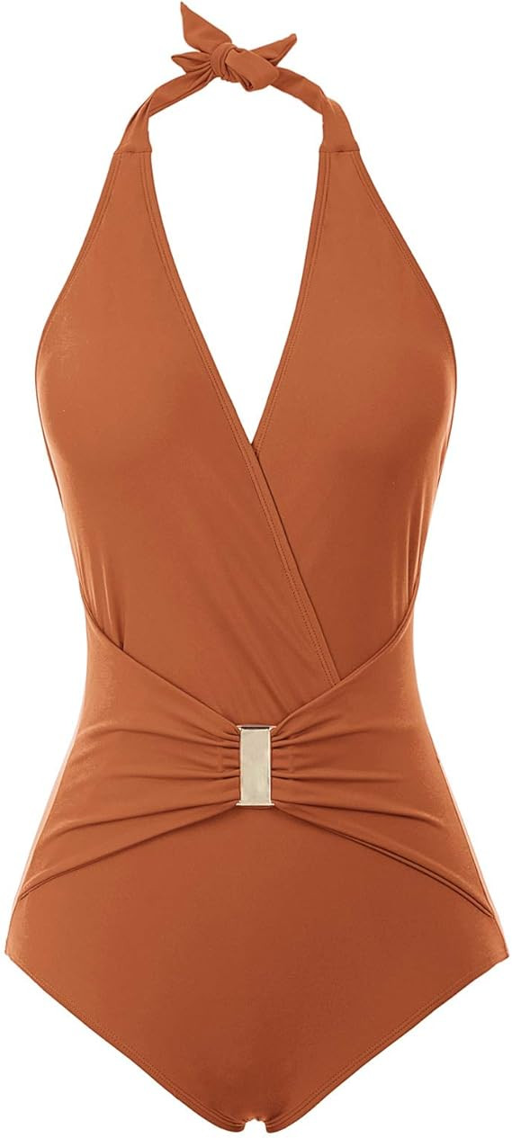 GRACE KARIN Women's Halter Swimwear V Neck Stripe One-Piece Swimsuit Monokini | Amazon (US)