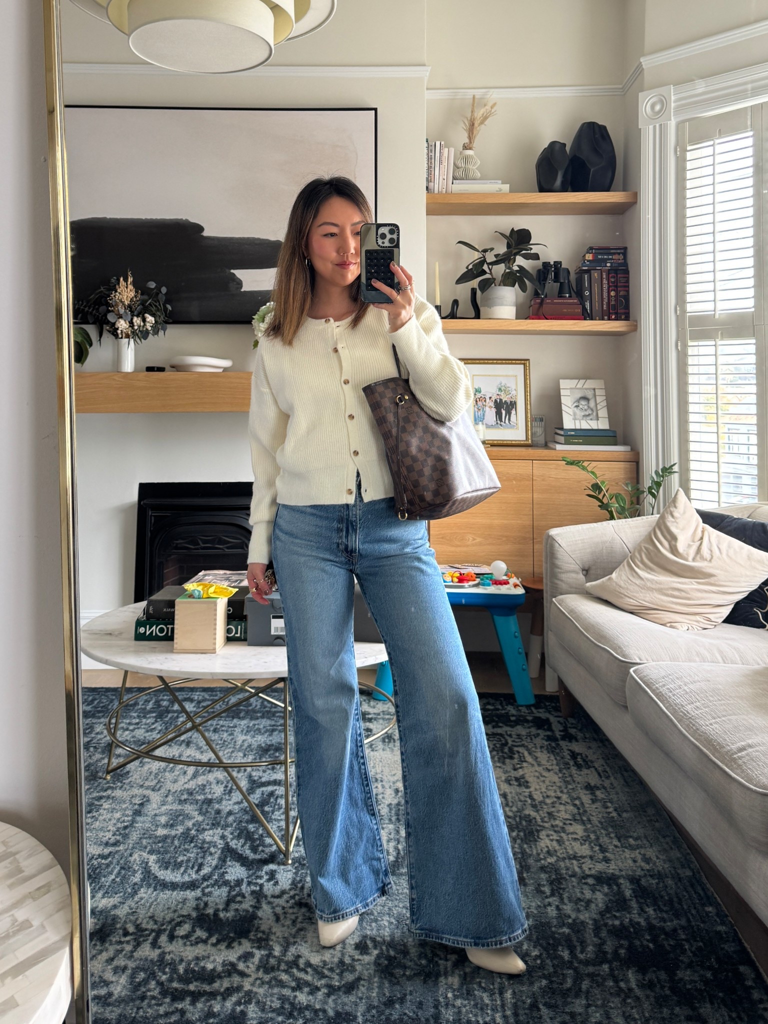 Jeans run true to size but have no stretch so fit tight. I’m wearing size 26