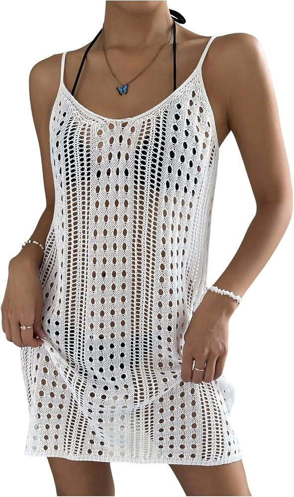 WDIRARA Women's Crochet Beach Cover Up Hollow Out Sleeveless Knit Swim Dress Coverups | Amazon (US)