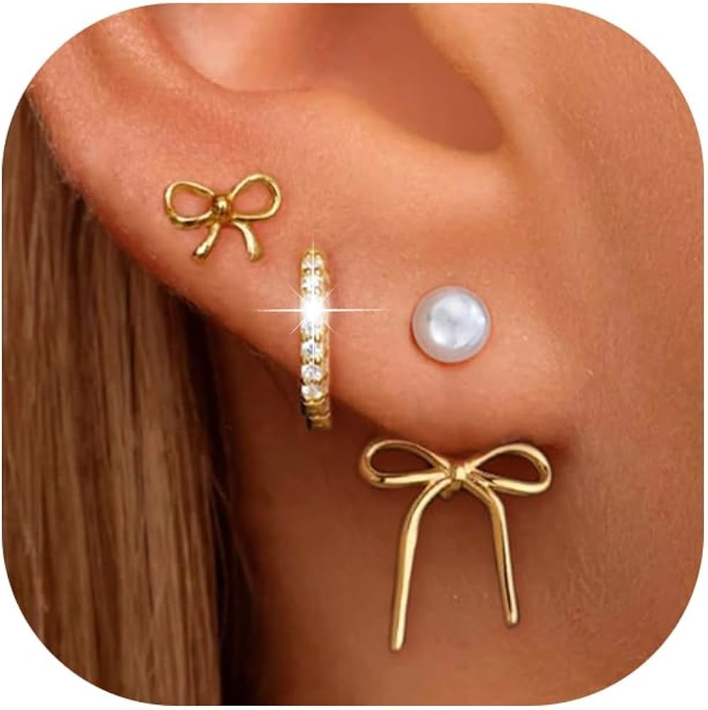 6 Pairs 14K Gold Plated Stud Earrings for Women, Hypoallergenic Cartilage Earrings for Multiple P... | Amazon (US)