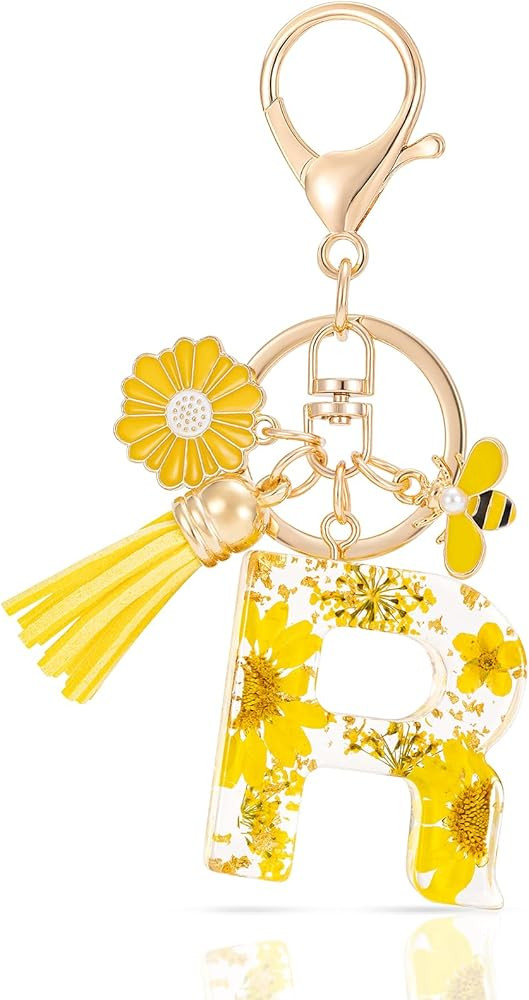 MWOOT Initial Letter Keychain Resin Alphabet Keyrings,Yellow Petals Gold Foil Key Ring Key Chain ... | Amazon (US)
