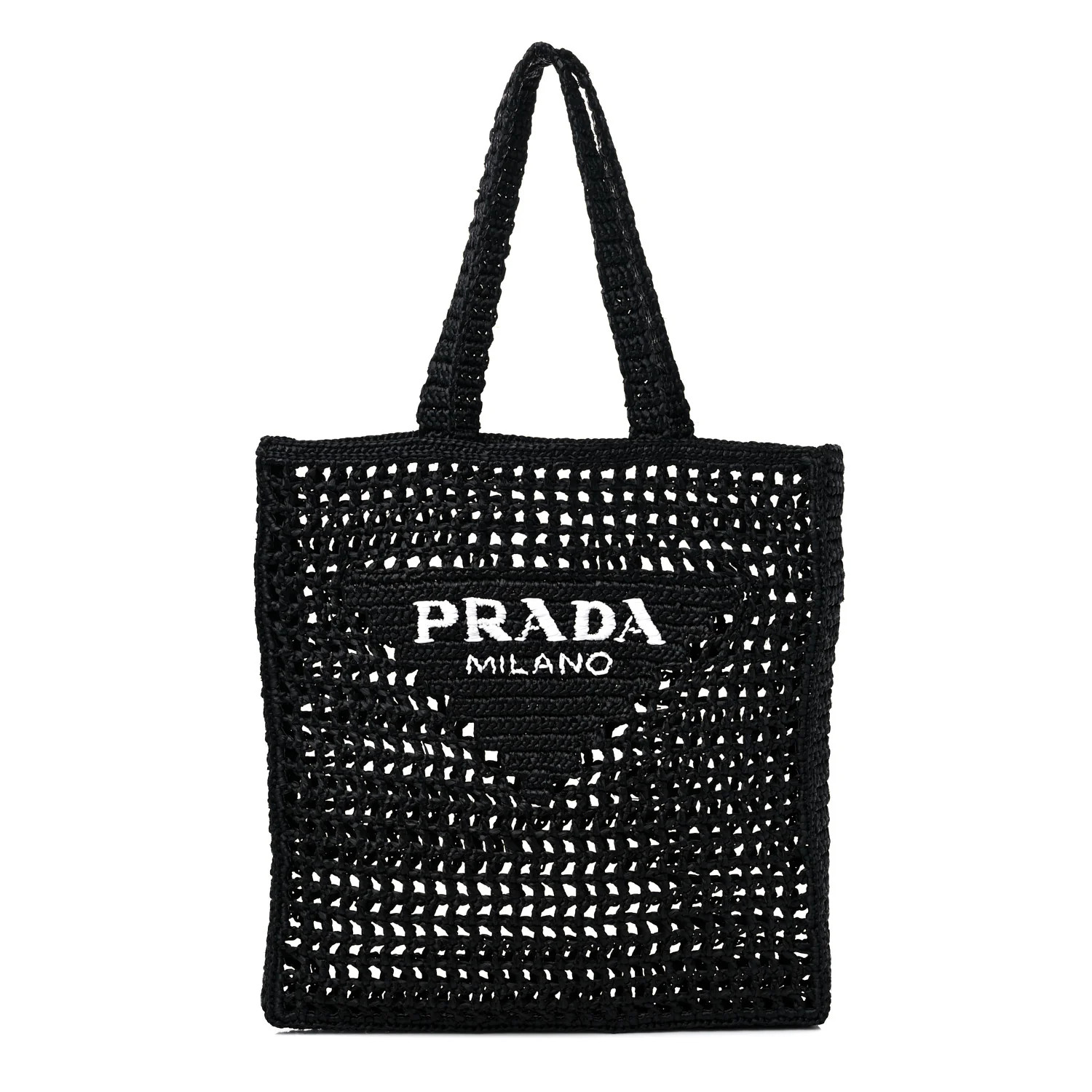 PRADA Raffia Embroidered Logo Tote Bag Black | FASHIONPHILE (US)