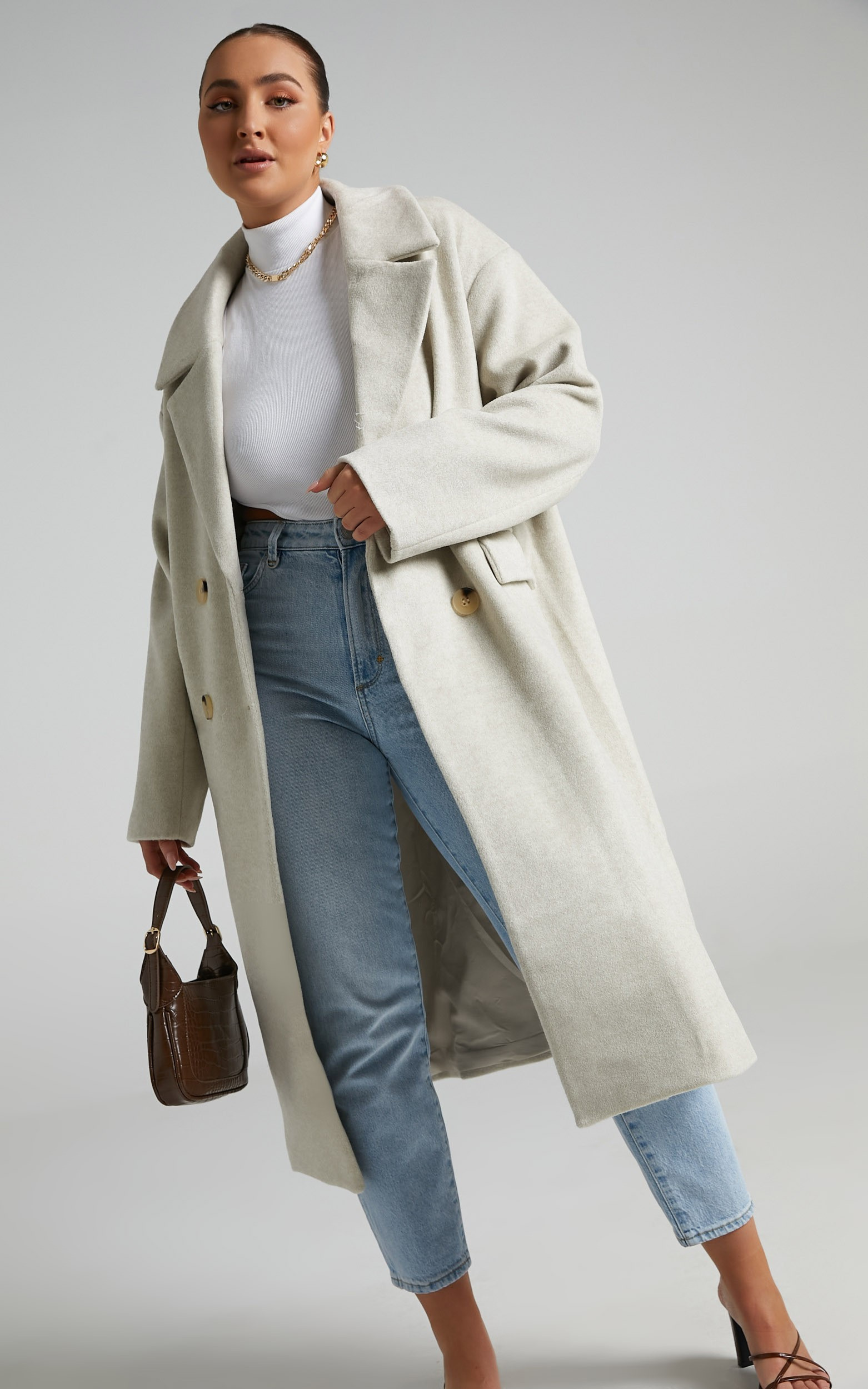 Libee Double Breasted Longline Coat in Oatmeal | Showpo (US, UK & Europe)