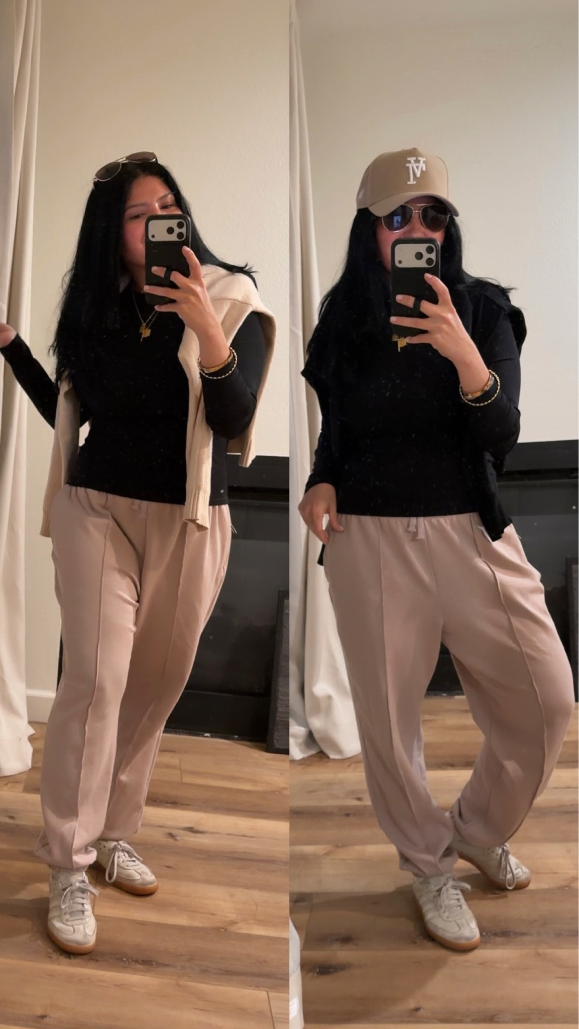 1 base 2 different layering sweaters a hat and sunglasses for a long day at the soccer field.

medium in the long sleeve and sweaters 
large in the bottoms.

#LTKootd #LTKmomlife #LTKgrwm