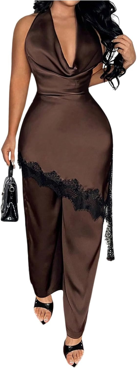 SOLY HUX Women's Satin 2 Piece Outfit Lace Cowl Neck Halter Long Tank Top and Pants Date Night Matching Set | Amazon (US)