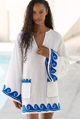 Celandine Embroidered Wave Cotton Linen Blend Mini Shift Dress | Anthropologie (US)