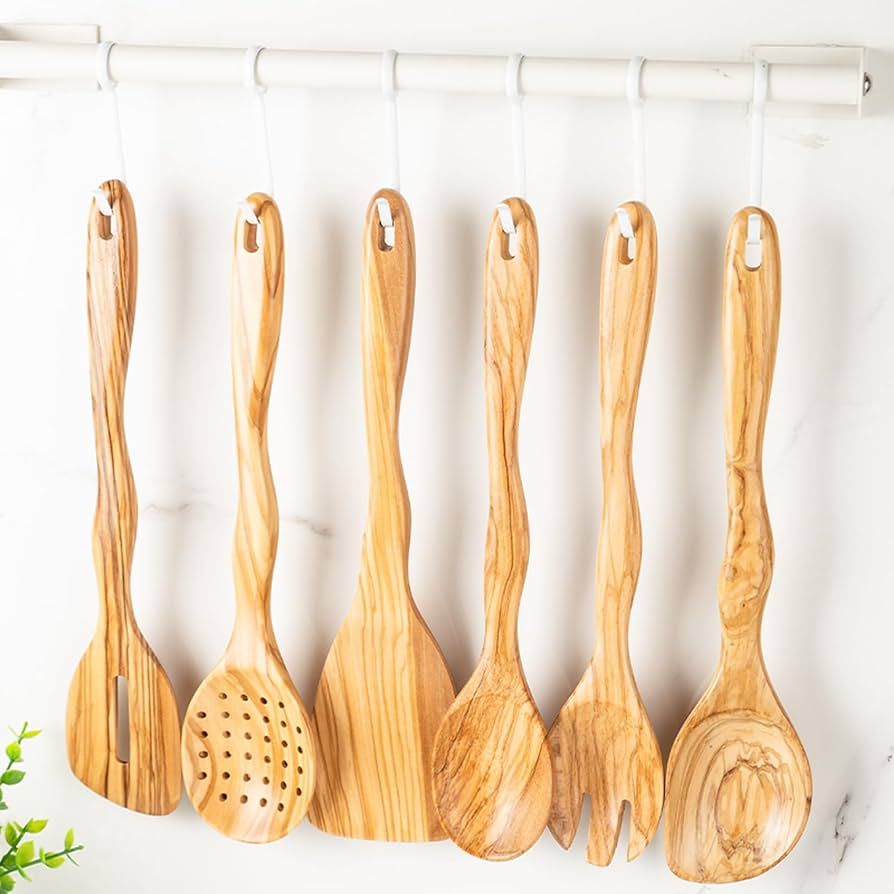 WOSPONFAN Kitchen Utensils Set - Olive Wooden Spoons for Cooking, Natural Olive Wooden Utensils -... | Amazon (US)