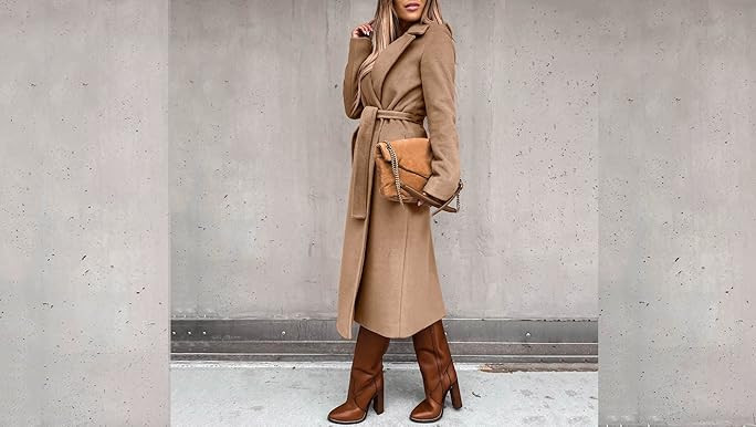 Women's Faux Wool Coat Blouse Thin Coats Trench Long Jacket Ladies Slim Long Belt Womens Ring Mas... | Amazon (US)