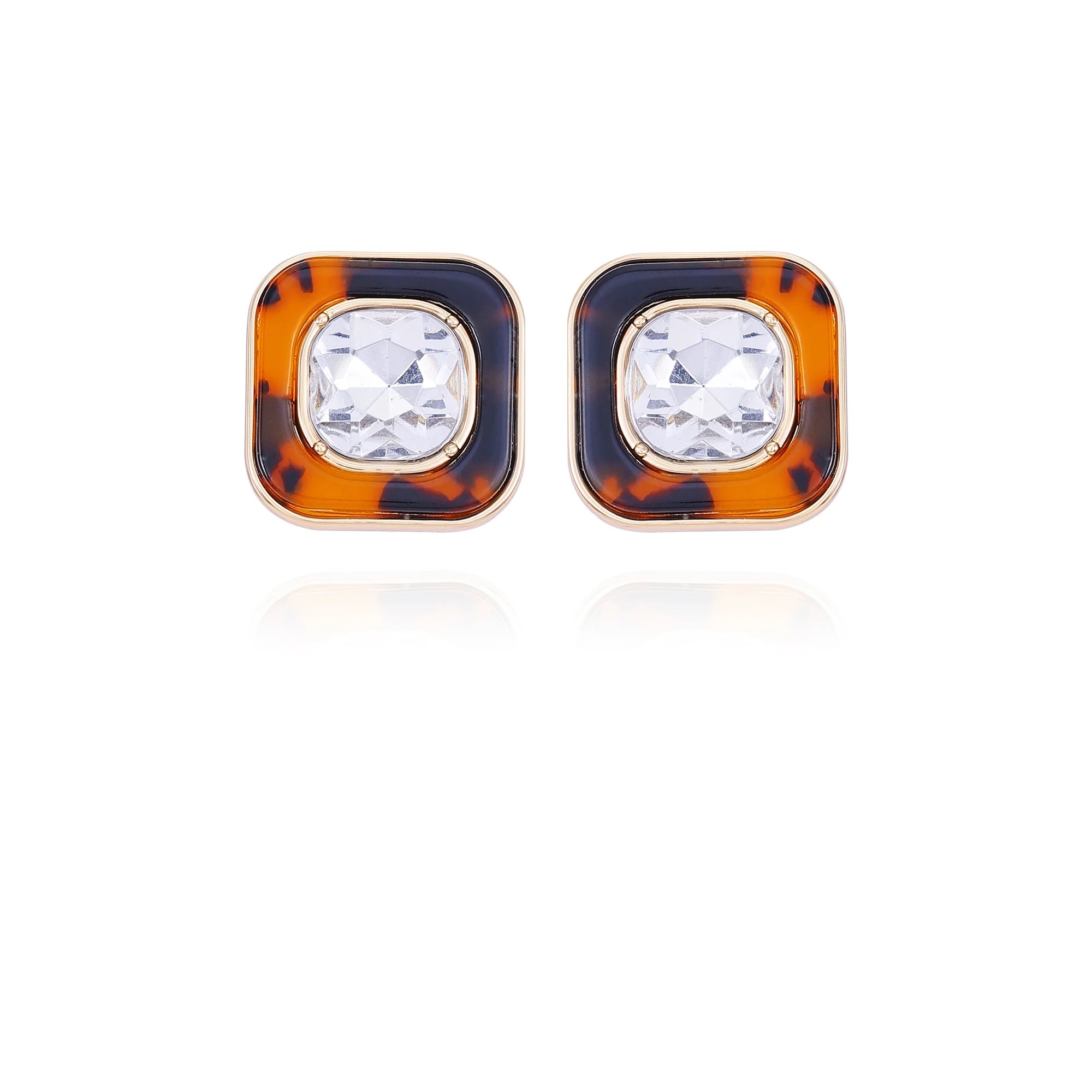 Time and Tru Women's Gold Tone and Tortoise Rounded Square Button Earring with Large Crystal Cent... | Walmart (US)