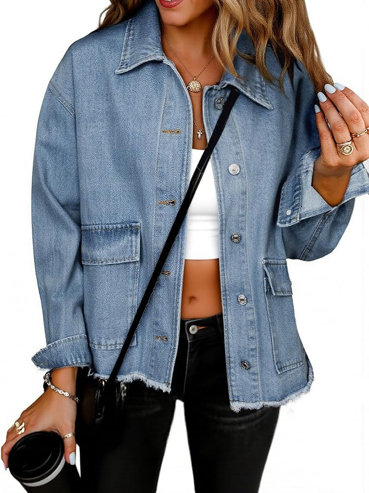 Glamaker Womens Jean Jackets Cropped Casual Denim Jacket Button Down Vintage Loose Frayed Hem Fal... | Amazon (US)