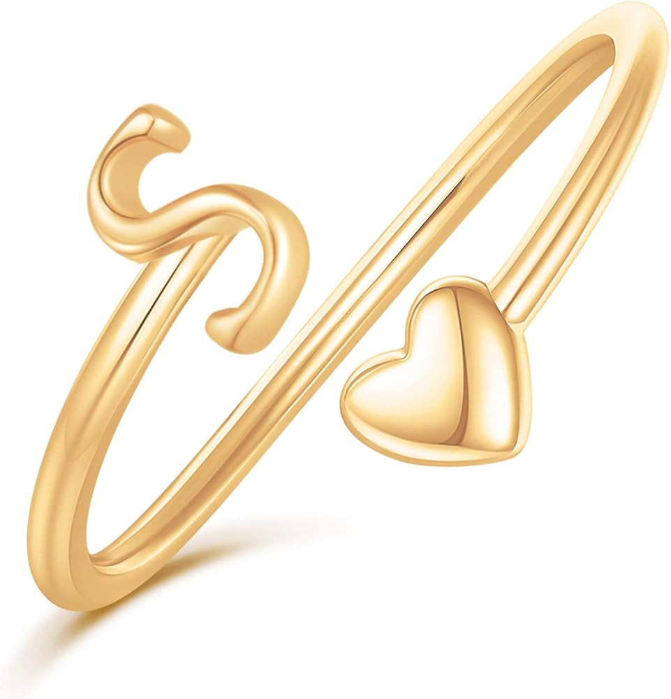 Heart Initial Rings for Women Teen Girls, Stackable Rings Cute Dainty Adjustable Open Ring Jewelr... | Amazon (US)