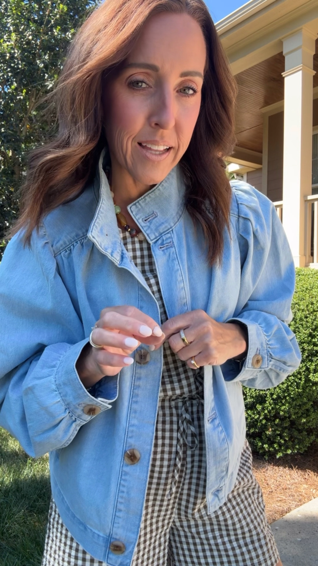 Light denim jacket. Spring denim jacket. Gingham matching set. 
Top XS. Shorts S. Jacket XS

#LTKOver40 #LTKSeasonal #LTKootd