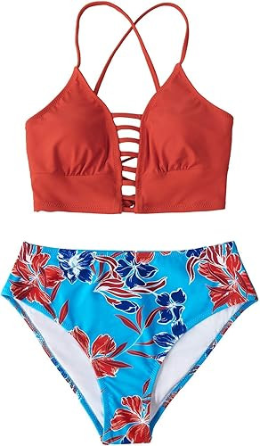 CUPSHE Women’s Bikini Swimsuit Floral Print Lace Up Multi Color Strappy Two Piece Bathing Suit | Amazon (US)