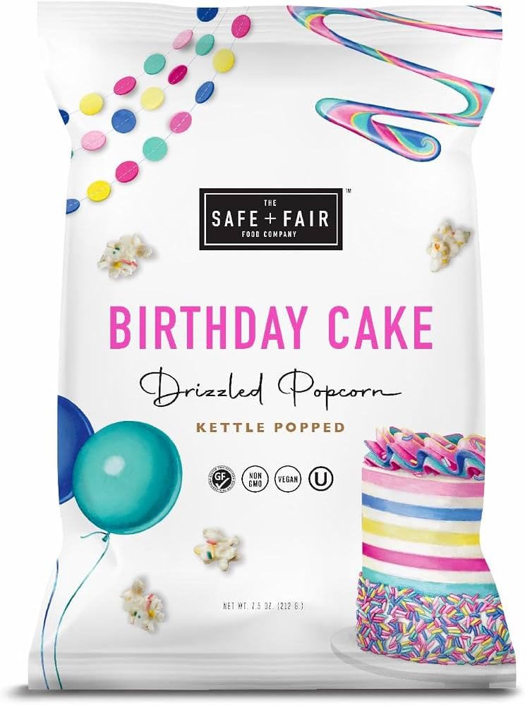 Safe + Fair Birthday Cake Drizzled Popcorn - Gluten-Free, Dairy Free and Vegan Snack - Free From Top 9 Allergens and Artificial Ingredients – Non GMO, Plant Based Kettle Popped Corn, 5.5 oz | Amazon (US)