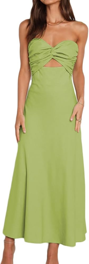 Fiemaoves Sexy Twist Front Strapless Sweetheart Neckline Midi Dresses for Women Smocked Cutout Tu... | Amazon (US)