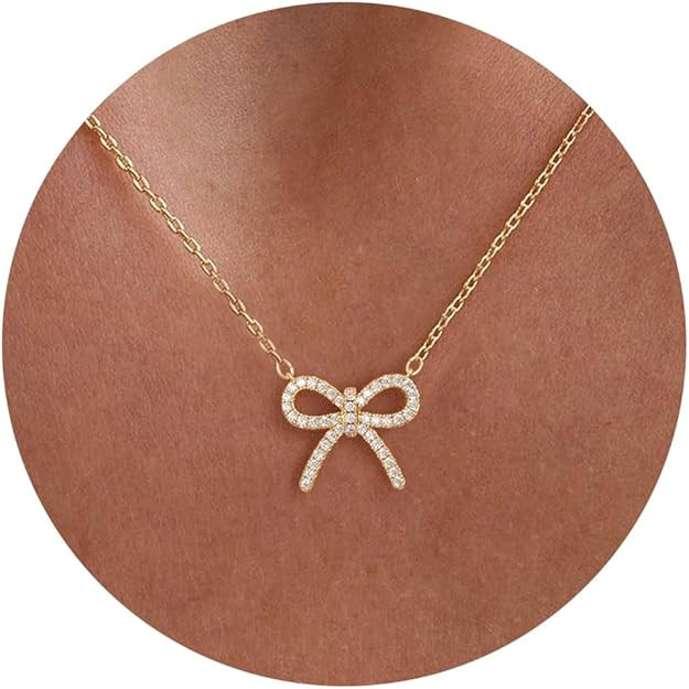 HANLI Gold Necklace for Women - Bow Necklace 14K Gold Plated Dainty Cubic Zirconia Bow Necklace S... | Amazon (US)