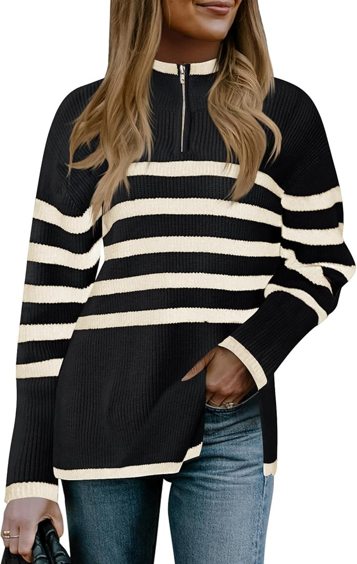 YKR Womens Striped Sweater Quarter Zip Oversized Pullover Sweaters Fall 2023 Trendy | Amazon (US)