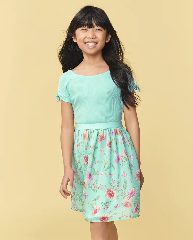 Girls Floral Knit To Woven Dress - mellow aqua | The Children's Place