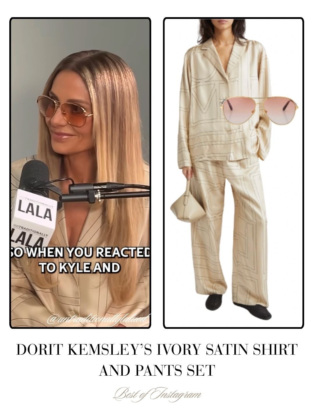 Dorit Kemsley’s Ivory Satin Shirt and Pants Set 📸 = @untraditionallylalapod
